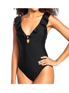 Shade & Shore Women's One Piece Swimsuit XL Black Ruffle Plunge NWT Medium Seat